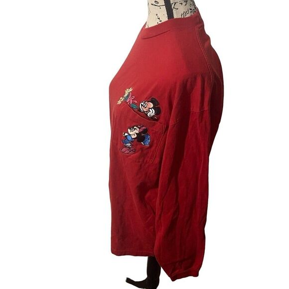 Vtg Mickey & Minnie Embroidered Pocket Love Flowers Long Sleeve Red Womens Large - Picture 3 of 16